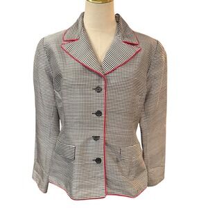 Spenser Jeremy Womens 14 Black White Gingham 100% Silk Blazer Jacket Red Piping